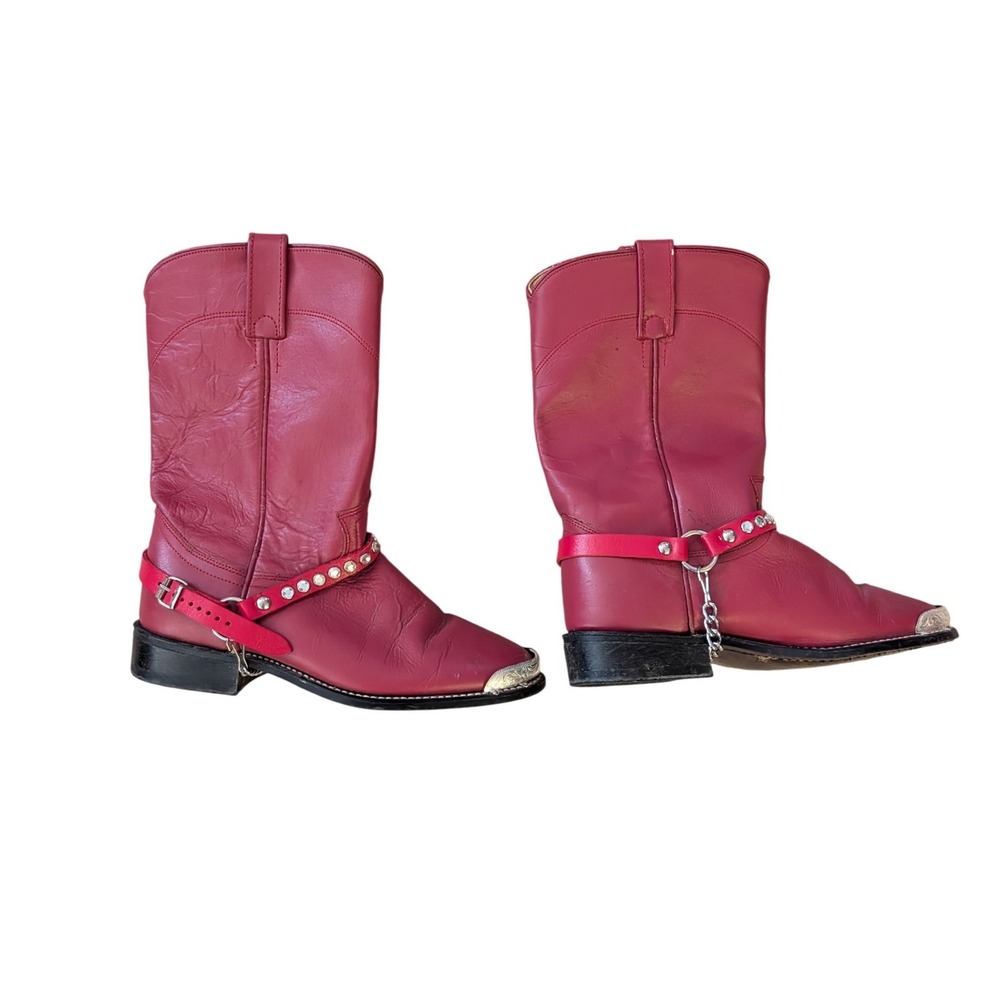 Vintage Red Leather Cowboy Boots Silver Metal Toe Studded Chains- Womens 6.5‎
